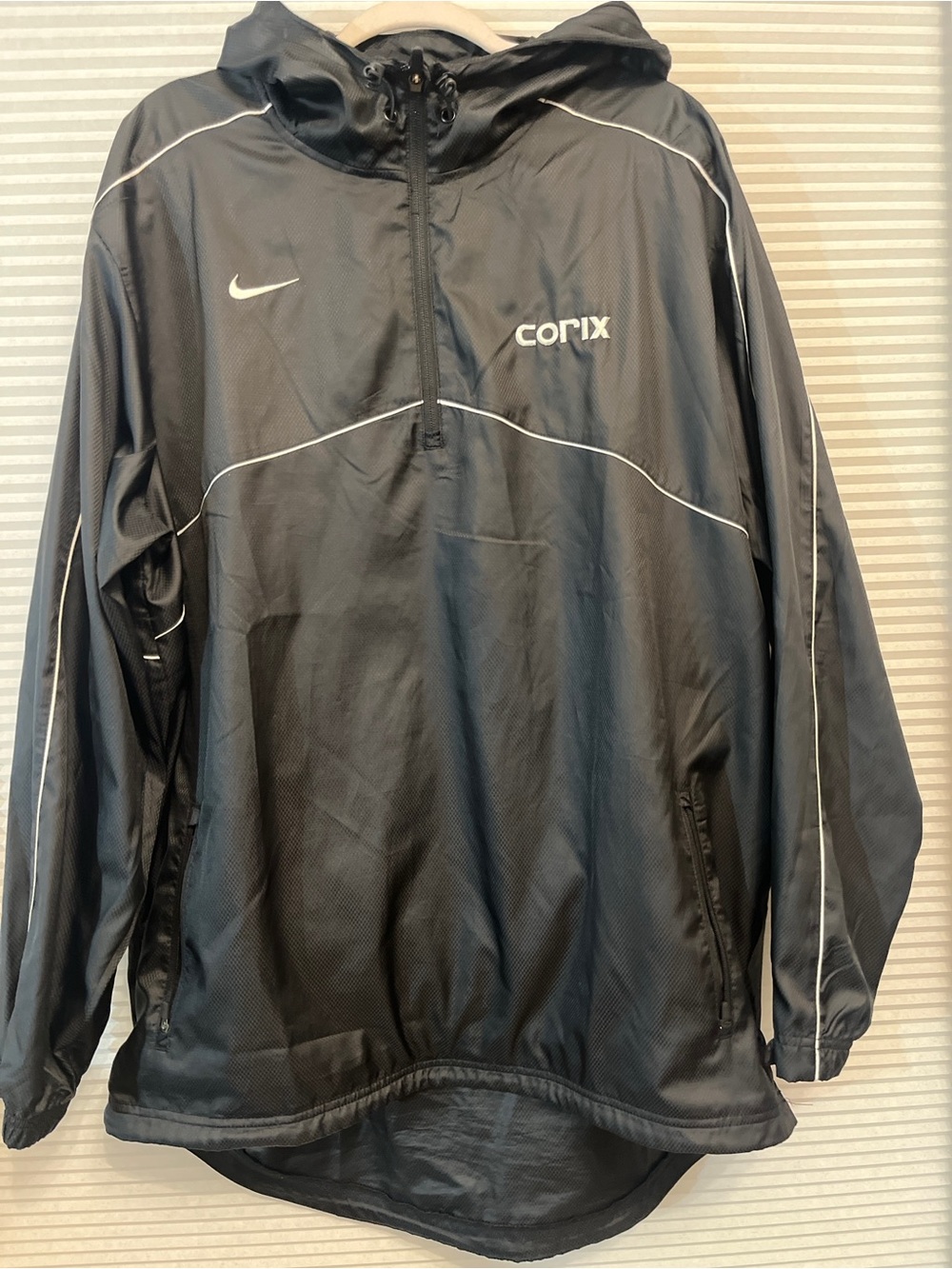 Men’s Nike Black Hooded Windbreaker with White Piping and Logo - Pullover Anorak